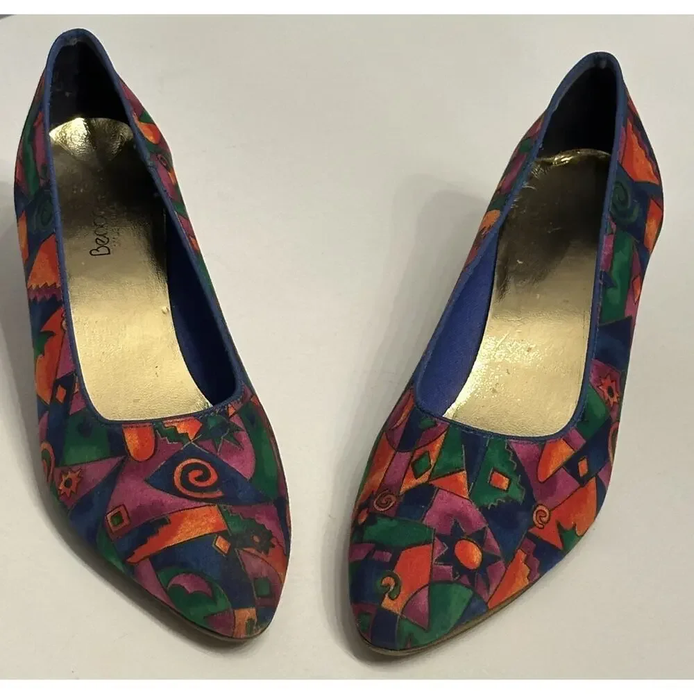 Vintage Color Block Low Heels Pump Sz 9 D Colorful Geometric Art